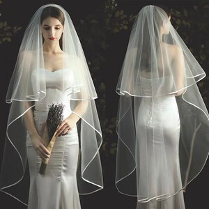 Modern silky satin finished hem soft tulle double layers Knee length bridal veil, two layer short long simple elegant wedding veil