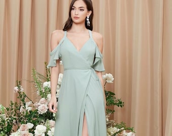 Ruffled off-the-shoulder sleeves thigh split long Chiffon bridesmaid dress Multiple colors, custom maxi wrap prom dress with zip / Corset