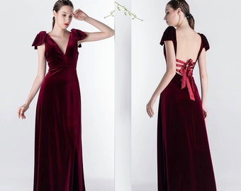 Designer Velvet Deep V cape shoulder low back bow tie Long Prom Dress • Bridesmaids Back Design Long Floor Length Dress