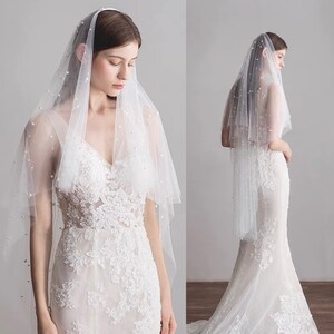 Pearl Beaded Two layers finger-tip length veil, 2 layer soft pearl mesh veil, short long wedding veil