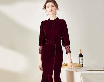 Designers 3/4 Long sleeves high Neck pencil skirt Lace Velvet Dress • Modern Wine Tea-Length Velvet Dress Ball Banquet Party