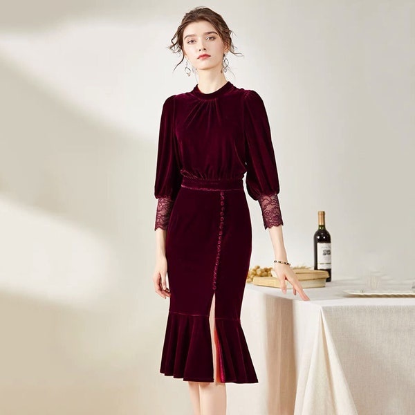 Designers 3/4 Long sleeves high Neck pencil skirt Lace Velvet Dress • Modern Wine Tea-Length Velvet Dress Ball Banquet Party