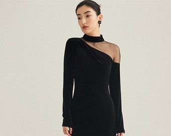 Elegant Velvet tulle mesh unsymmetrical velvet long sleeves Black Velvet Dress slit • Modern Designer black dress Party Banquet Wedding