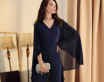 Flowy Schmetterling Cape Ärmel Chiffon V-Ausschnitt RüschenSaum Body • Frühling Sommer Jumpsuit Party Bankett Hochzeit Formal Event marineblau