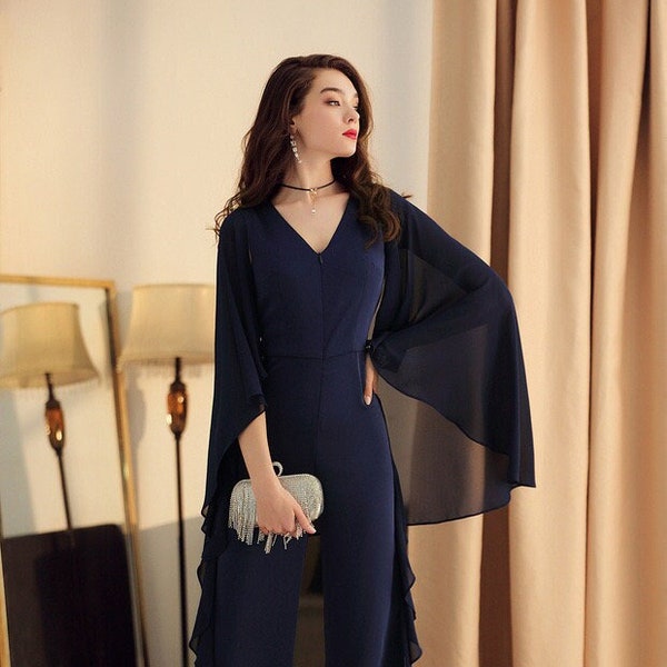 Flowy butterfly cape Sleeves Chiffon V-neck Ruffled hem bodysuit • Spring summer Jumpsuit Party Banquet Wedding Formal Event navy blue