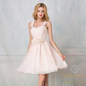 Strap | Cape-shoulder short chiffon bridesmaid dress, Cocktail length chiffon prom dress multiple colors, detachable 3D flowers, corset/zip