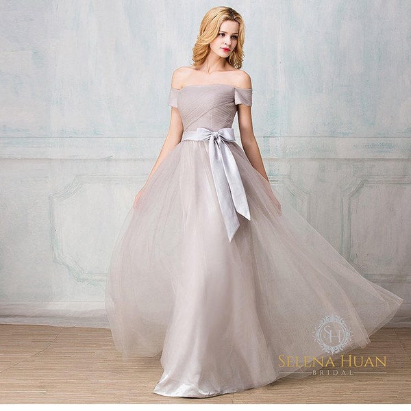 Off-the-shoulder ruched bodice long tulle bridesmaid dress, A-line floor length tulle prom dress, Multiple colors; corset/zip