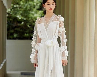 3D Floral lace mesh illusion shoulder sleeves silky satin long Lingerie Robe | modern bridal Sleepwear Maternity Wedding Christmas Gift
