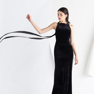 Elegant Goddess style Halted Sheath long Velvet Dress back long ribbon • Bride Bridesmaids Full-length Velvet Dress Party Banquet Wedding