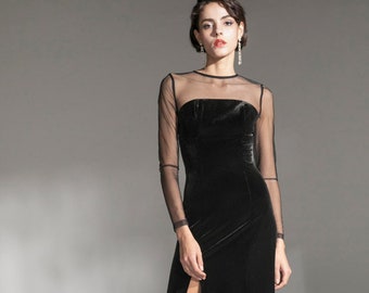 Elegant Velvet tulle mesh long sleeves vintage Black Velvet Dress slit • custom color Hollywood style black dress Party Banquet Wedding