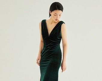 Designer Velvet sleeveless Deep V Dress• V-neck front-split Bridesmaids Navy Red Green Floor-Length Velvet Dress Wedding Banquet Gifts
