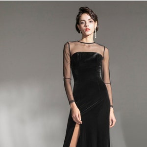 Elegant Velvet tulle mesh long sleeves vintage Black Velvet Dress slit • custom color Hollywood style black dress Party Banquet Wedding