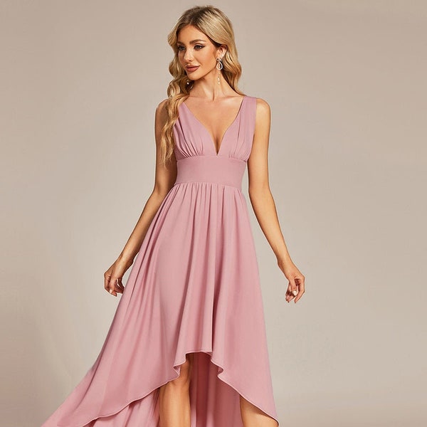 Deep V-neck flowy short-long A-line chiffon bridesmaid dress, Handmade, Modern minimal, pink color, multiple colors