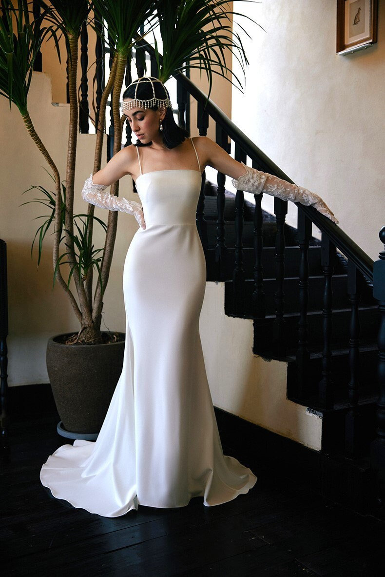White satin spaghetti shop strap dress