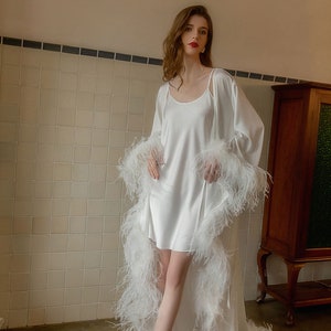 Bride ostrich feather silky satin long robe dress white ivory train multi-color custom bride bridesmaids pregnancy maternity robe Gift image 7