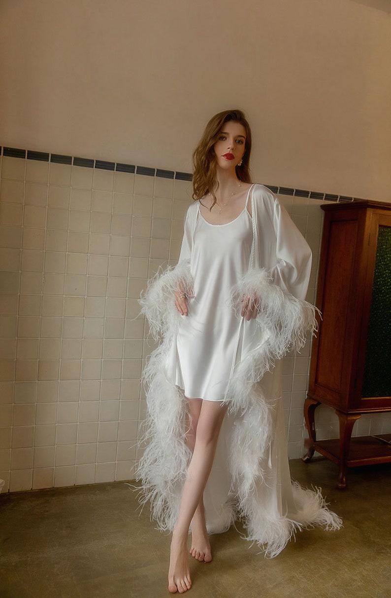 Bride ostrich feather silky satin long robe dress white ivory train multi-color custom bride bridesmaids pregnancy maternity robe Gift image 7