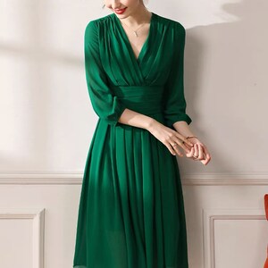 Long Sleeves Lala Land Style ruched bodice short chiffon prom dress, Emerald Green Cocktail length chiffon prom dress multiple colors image 3