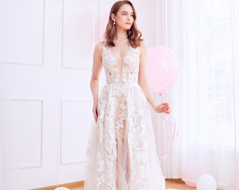 Klaire - Elegant flowy A-line deep V neckline open back tulle silk lace wedding dress, with chapel train, lux lace wedding dress