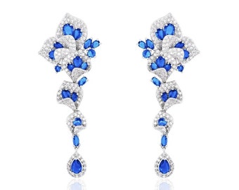 Rhinestone Lily of the Valley Design Long Crystal Earing Bridal Wedding Accessories Silver