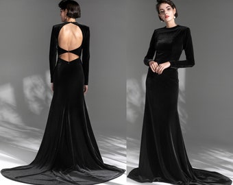 Elegant Long sleeves Boat Neck crisscross Back Velvet Dress with Train• Designer Modern Hepburn Style black Velvet Dress Banquet Gifts