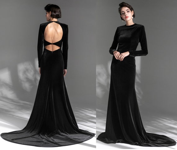 Simple Black Velvet Long Sleeve Party Formal Dress Evening Gowns – FloraShe