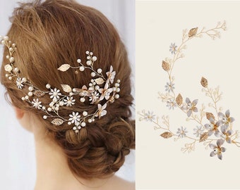 Long floral Vine Vintage Pearl Rhinestone Hair Pin 3 colors | Gold Sliver Bridal Headpiece Head Accessories