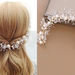 Floral Vintage Faux Pearl Headband Vine Bridal Headpiece 3 colors Hairband, ivory pink multi-color