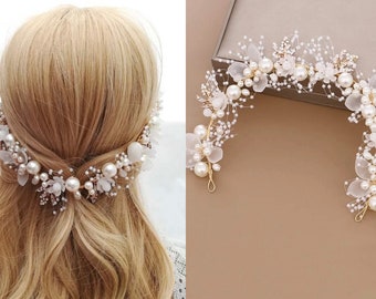 Floral Vintage Faux Pearl Headband Vine Bridal Headpiece 3 colors Hairband, ivory pink multi-color