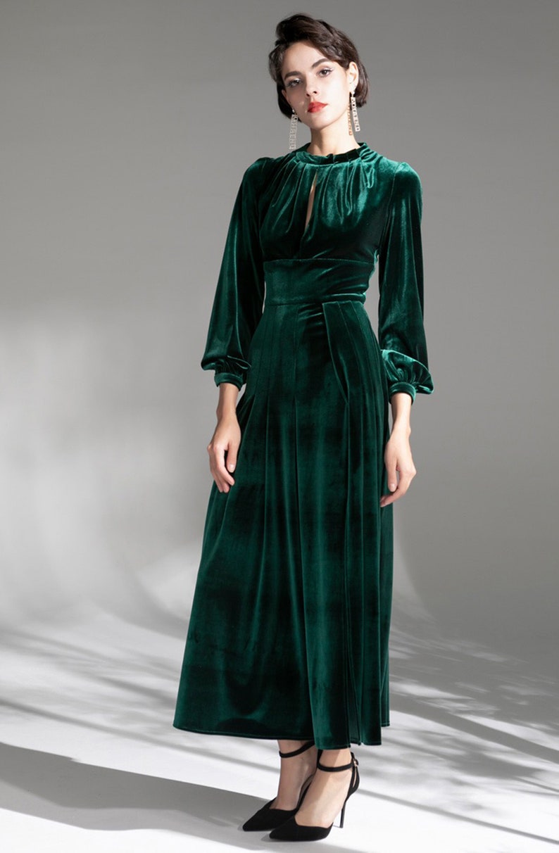 Vintage Long sleeves Boat Neck ruched boidce tight waist design Velvet Dress thigh slit Designer Modern emerald green Velvet Dress image 4