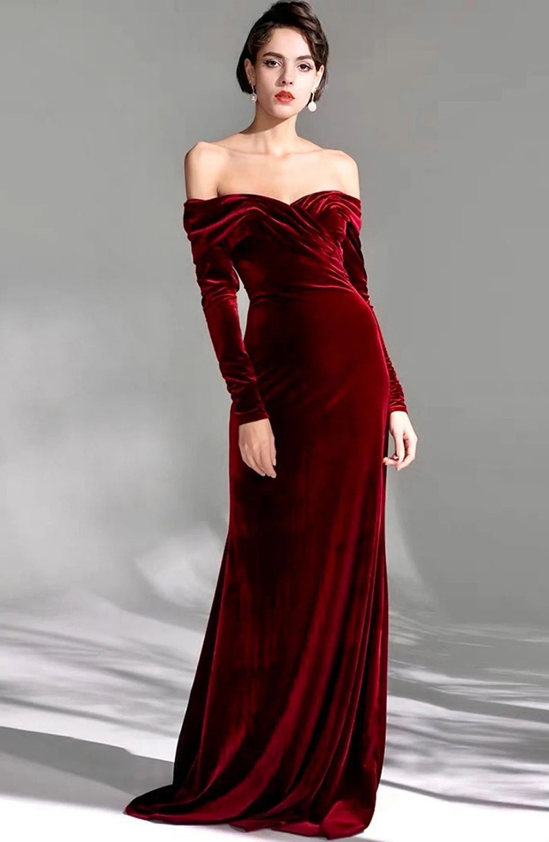 Sexy Off the Shoulder long sleeves ruched bodice Mermaid Velvet dress Modern long Wine color Velvet Party Banquet Wedding Dress image 1