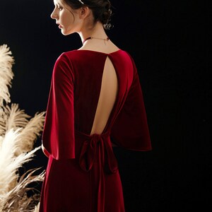 Velvet Deep V Dress Ruffled sleeves Key Hole Back Bridesmaids Long Ginger Red Color Floor-Length Velvet Dress Wedding Banquet Gifts image 7