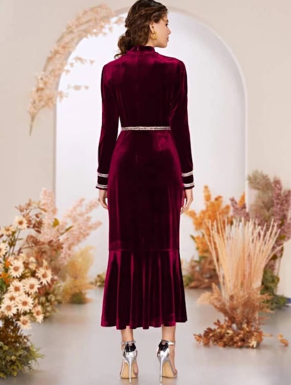 Women's Velvet Dress V-neck Retro Long Sleeve High Waist Evening Party Ball  Gown | eBay