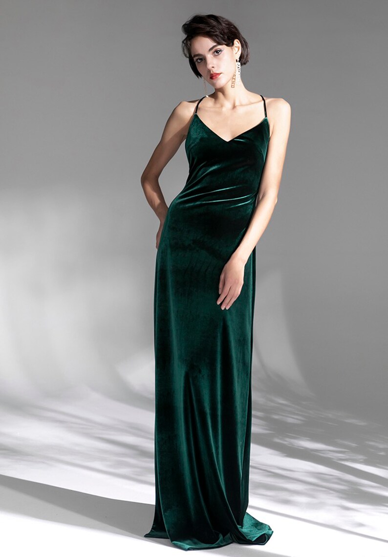 Sexy Spaghetti-straps Sweetheart neckline Crisscross back long Velvet Dress Bridesmaids Prom Dress Emerald Green Party Banquet Wedding image 4