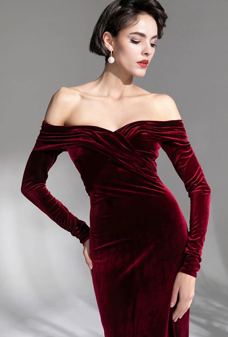 Sexy Off the Shoulder long sleeves ruched bodice Mermaid Velvet dress Modern long Wine color Velvet Party Banquet Wedding Dress image 3