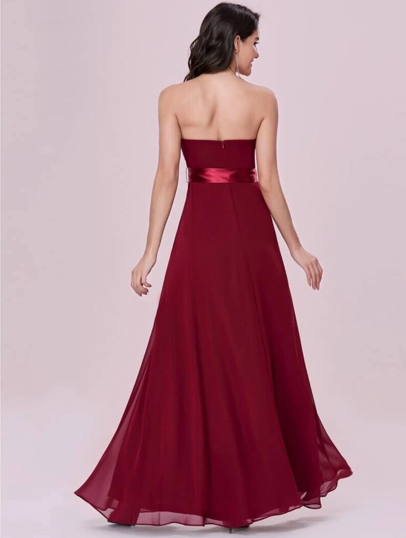 Illusion strapless chiffon long bridesmaid dress with Detachable Ribbons, Custom chiffon maxi prom dress, Multiple colors, Zip / Corset image 6
