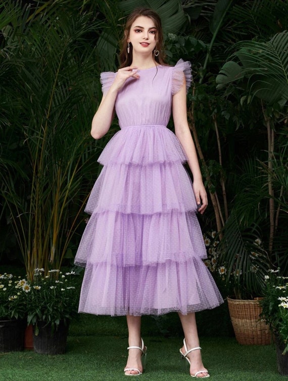 Ruffle Layered Dot Mesh Hem A-line Tutu Scoop Neck Prom Dress