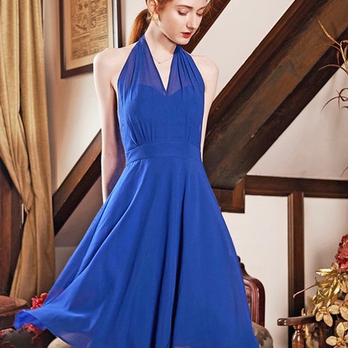 la la land blue dress Haltered Ruched Bodice Low Back Short Chiffon Bridesmaid Dress, Style Cocktail Length Haltered Prom Multiple Colors perfect for prom or special occasions. La La Land Mia Dress