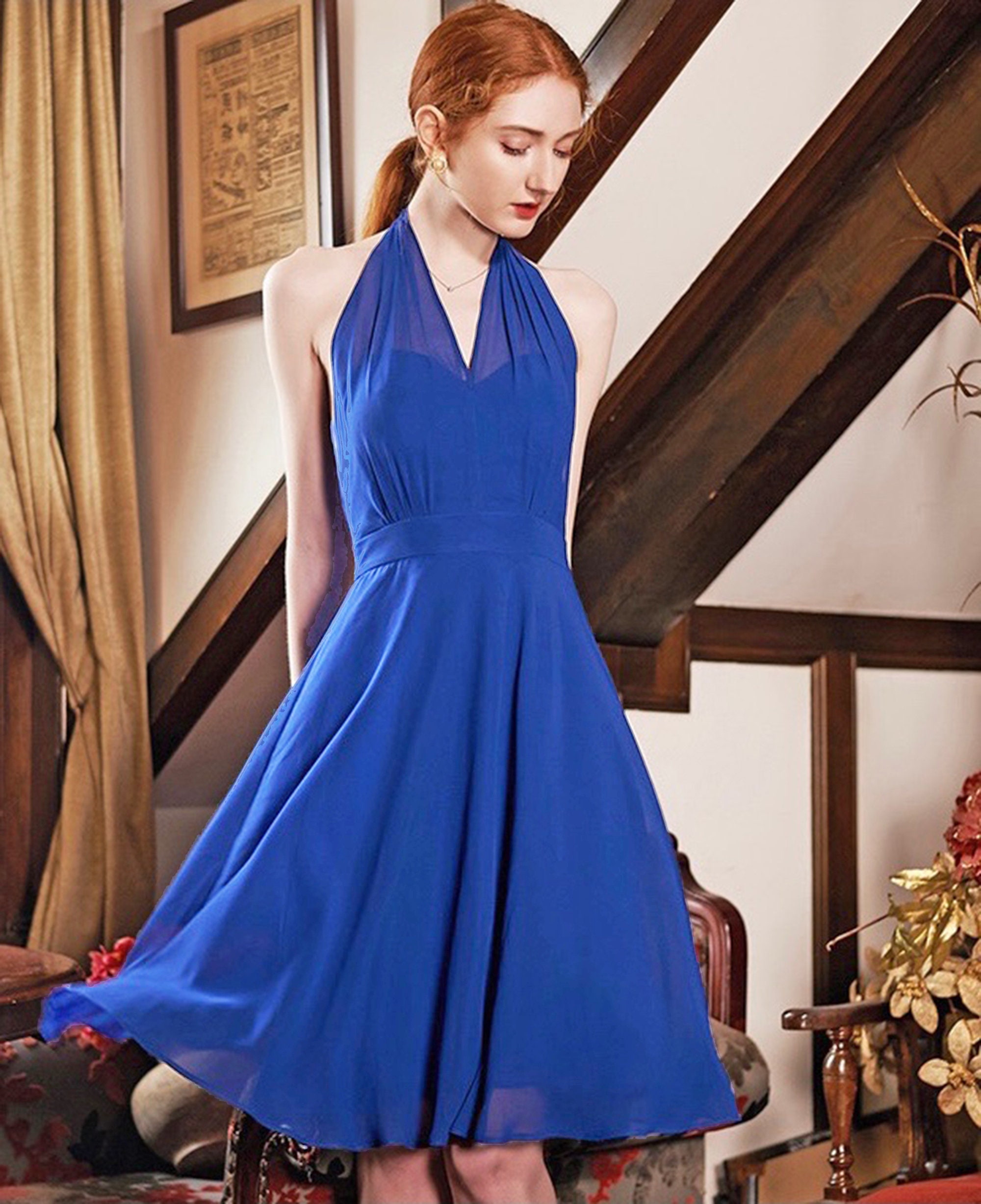 Shirred Skirt Jewel Neck Halter Bridesmaid Dress With Front Slit In  Larkspur Blue