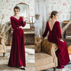 Elegant V-neck Puffed 3/4 Sleeves low back A-line Long Velvet Dress• Designer Modern burgundy Velvet Dress Slit Banquet Wedding Gifts