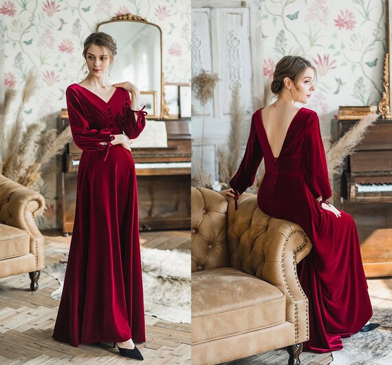 Elegant V-neck Puffed 3/4 Sleeves Low Back A-line Long Velvet