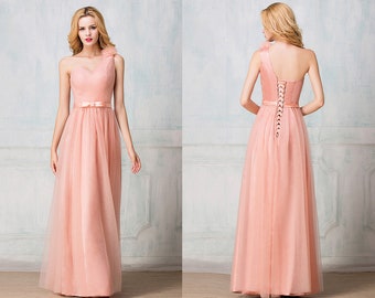 One-shoulder ruched long tulle bridesmaid dress, Peach color, Greek style tulle floor-length bridesmaid gown, Multiple colors, corset/zip