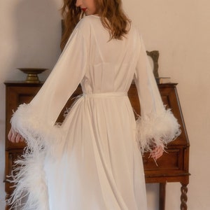Bride ostrich feather silky satin long robe dress white ivory train multi-color custom bride bridesmaids pregnancy maternity robe Gift image 6