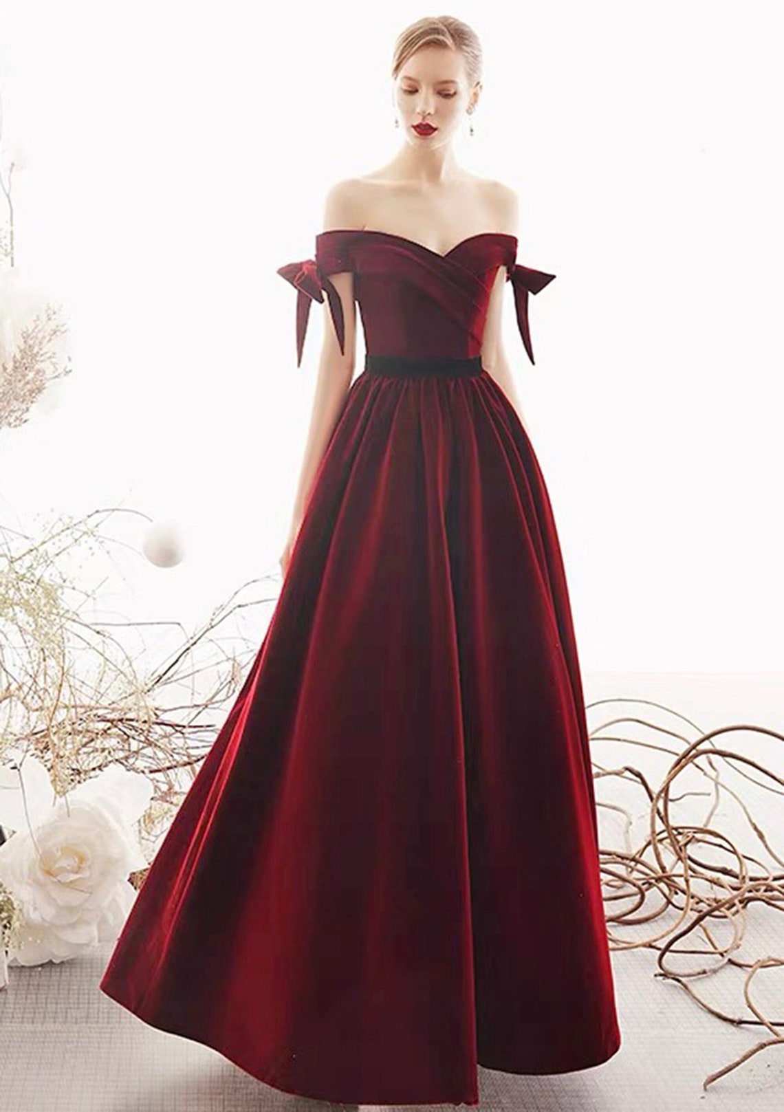 Handmade Off-the-shoulder Ball gown Velvet Dress with bows image 1