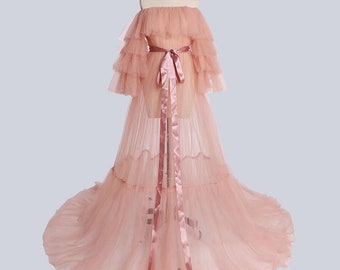 Ruffled off the shoulder tulle layered fringe hem long robe dress pink | multi-color custom bride bridesmaids pregnancy maternity robe Gift