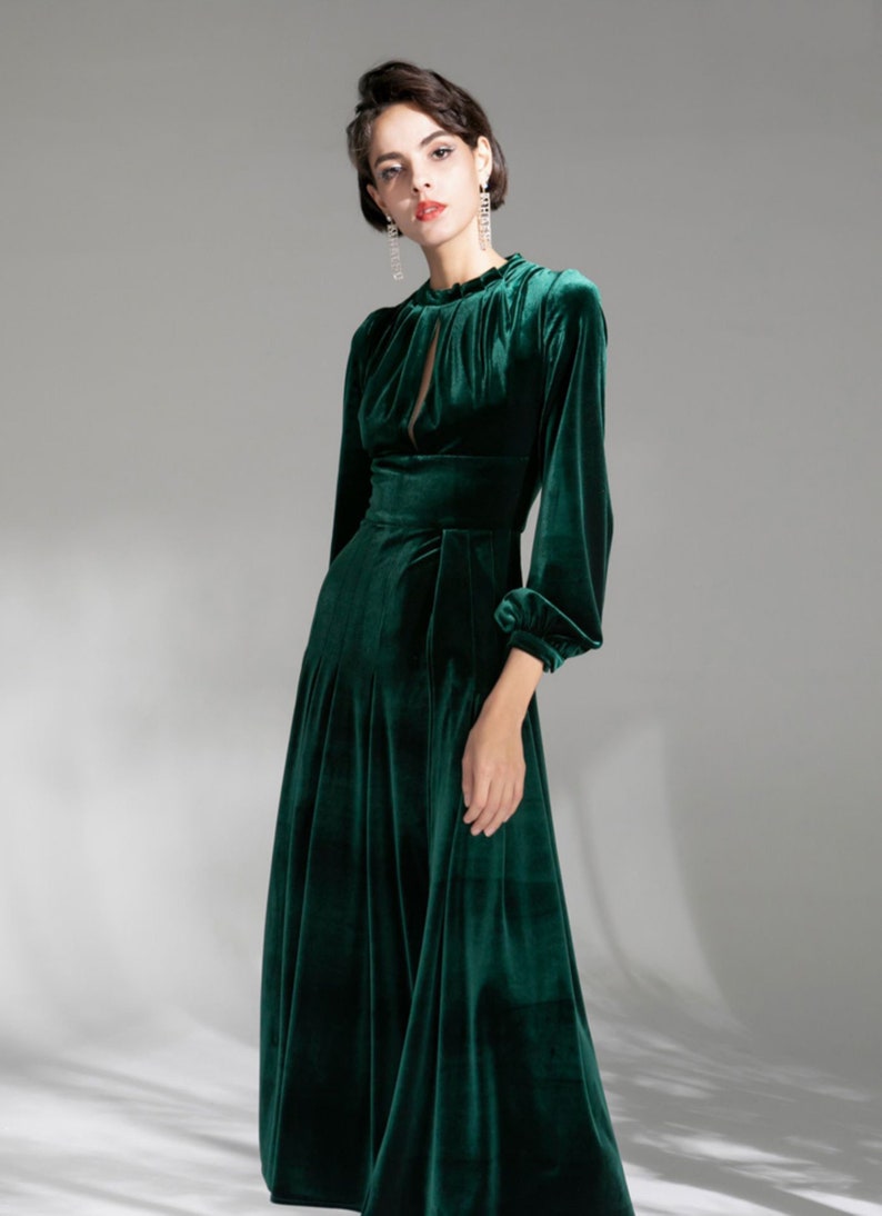 Vintage Long sleeves Boat Neck ruched boidce tight waist design Velvet Dress thigh slit Designer Modern emerald green Velvet Dress image 8