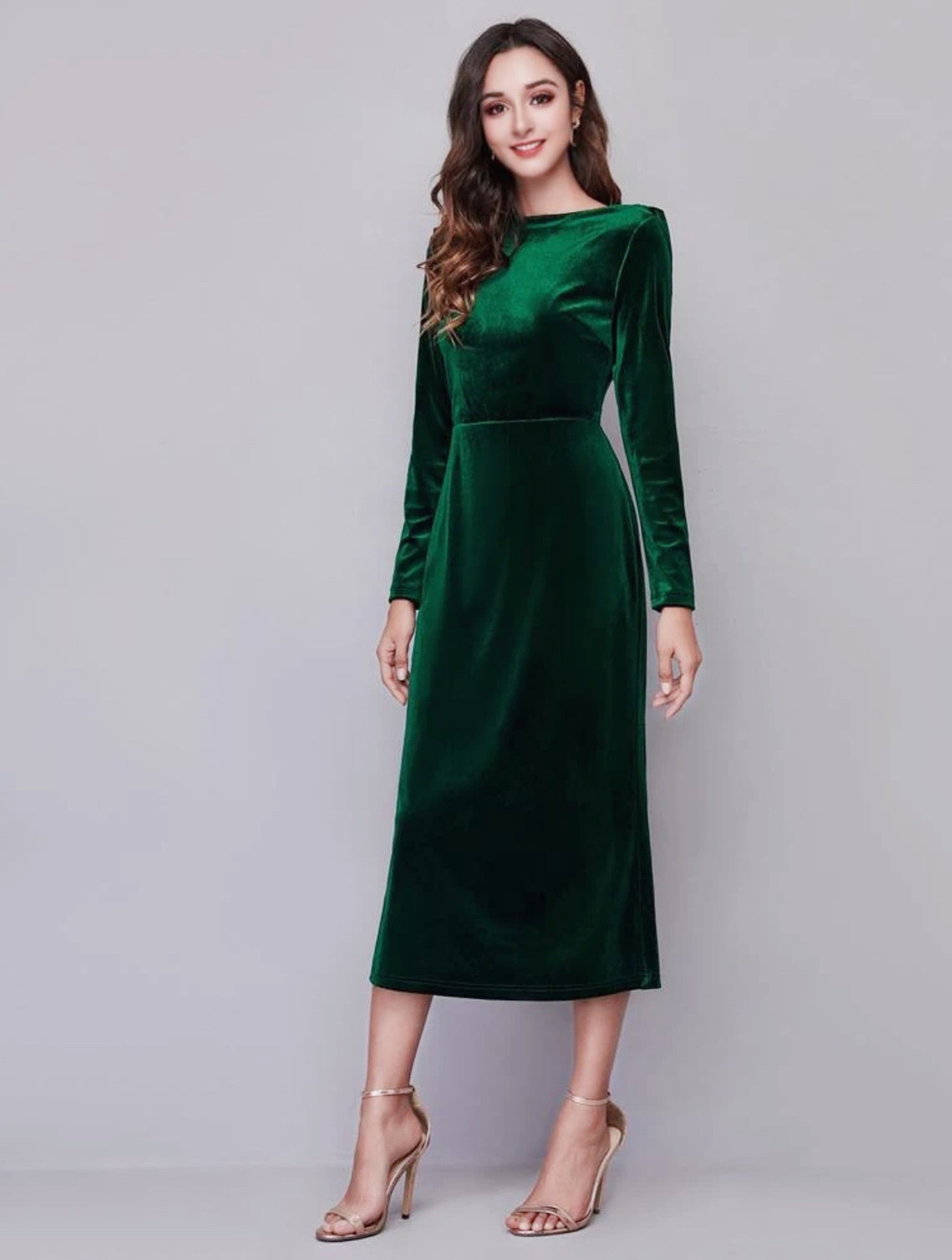 Long sleeves Boat Neck Draped crisscross Back Velvet Dress Etsy