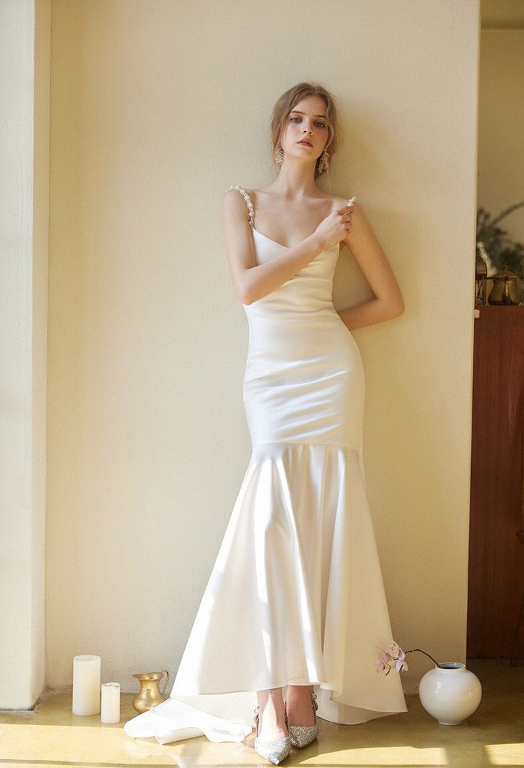 Goddess Style Pearl Beaded Spaghetti-straps Mermaid Satin wedding dress small train main image 1