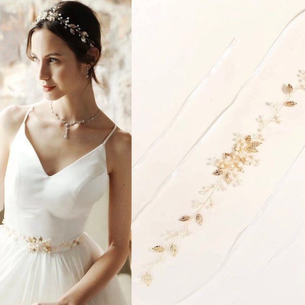 Floral Pearl Rhinestone Vintage Gold Leaves Vine Bridal Sash, Gold wedding dress belt