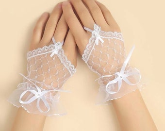 White soft Lace Nesh Ribbon Bow short Wedding Gloves, Open Finger Bridal Gloves Party Gloves