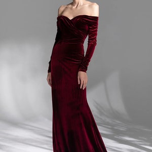 Sexy Off the Shoulder long sleeves ruched bodice Mermaid Velvet dress Modern long Wine color Velvet Party Banquet Wedding Dress image 4